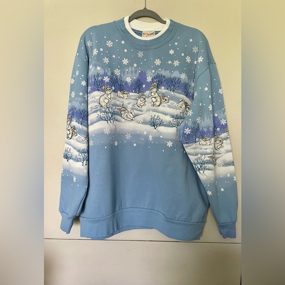 Morning Sun Tops - Morning Sun XL Bunny Print Sweatshirt – Blue Grandmacore Casual Novelty EUC